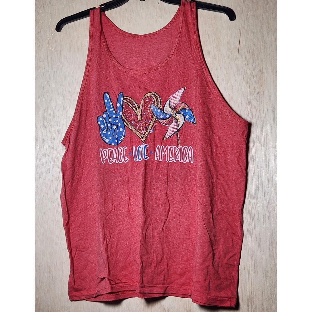 Peace Love America Patriotic Graphic‎ Tank Top Red Heather Women Sleeveless